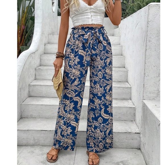 Boho Tropical Leaves Print High Waisted Stretchy Waist Wide leg Pants - Picture 8 of 9